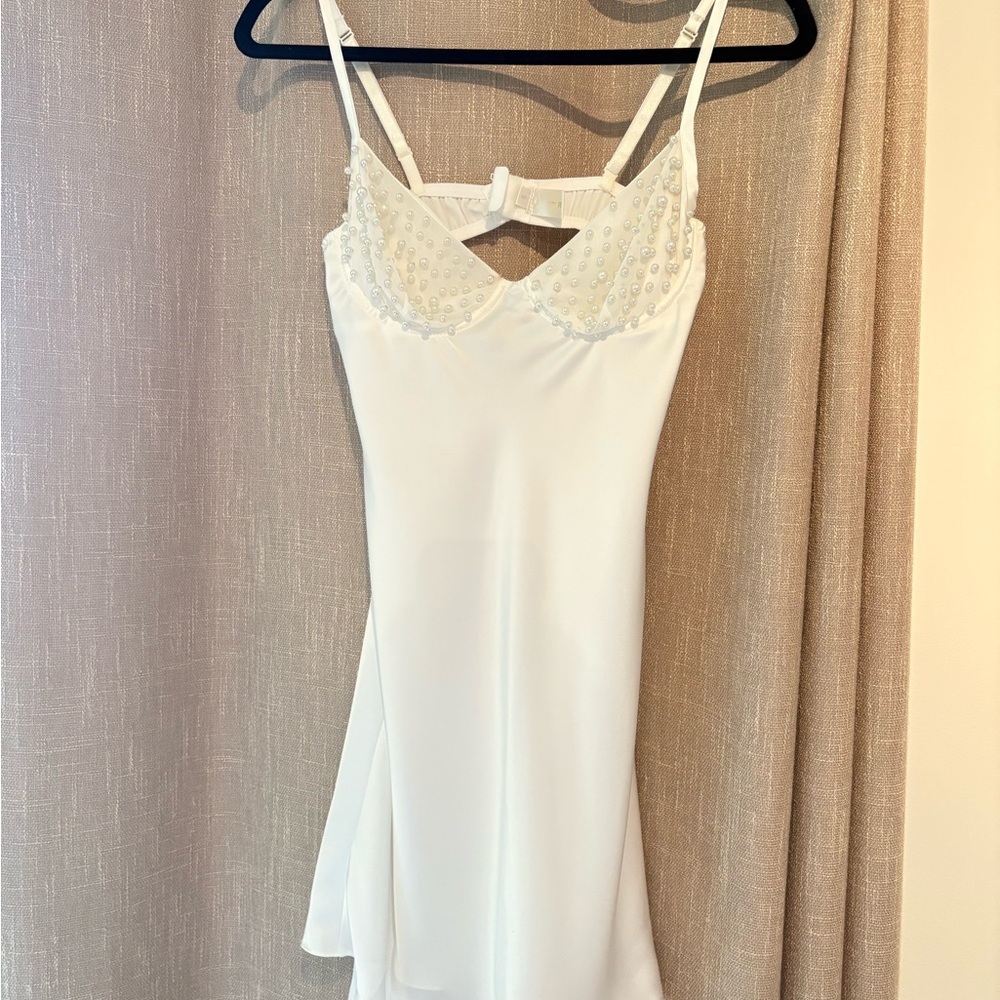 Elegant White Pearl-Embellished Bridal Slip & Robe